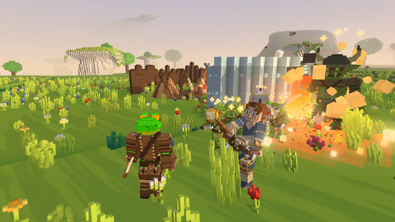 Three friends take on a goblin war camp in a meadow: a frogfolk ranger with his bow up front, an elf mage in the thick of it with a warrior's raised sword behind her, and the warchief caught in the fire beside a wall of ice.