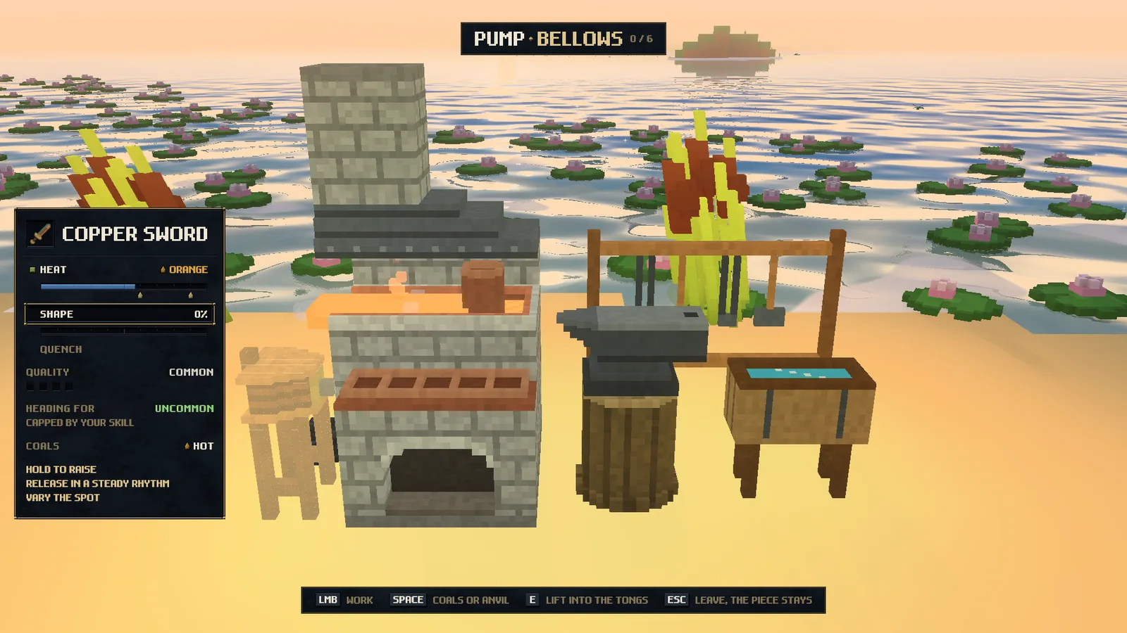 The smithy up close during a craft: a copper sword blank glowing orange in the coals, with the chimney, bellows, anvil and quench trough on a beach at sunset, and the craft card showing the heat.