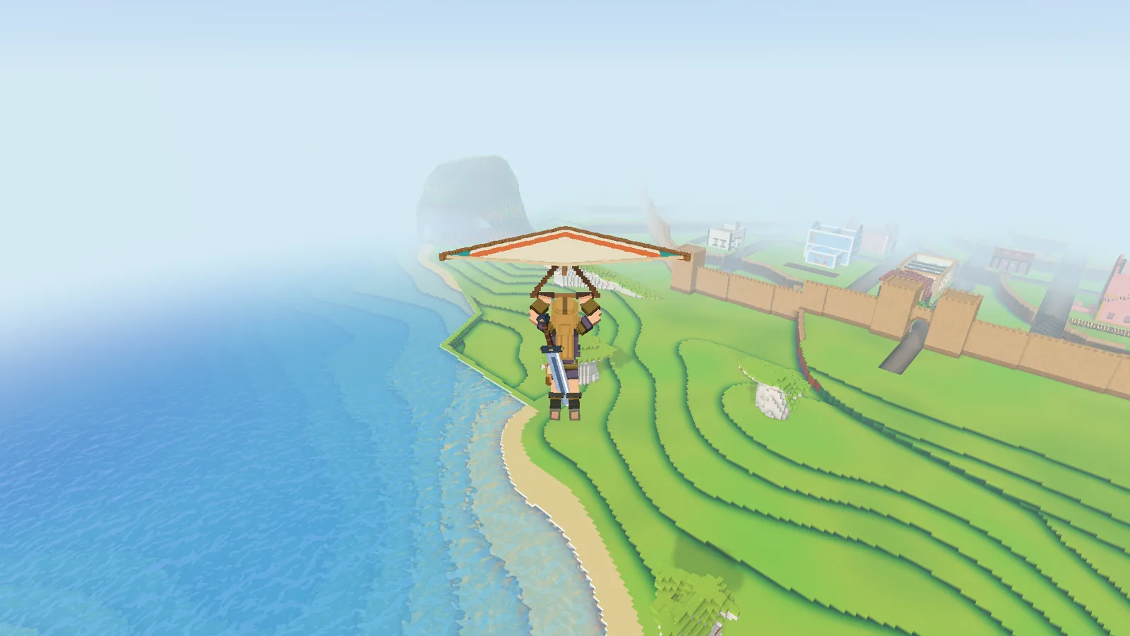 A character glides along the coast under a glider, with the sea on one side and terraced green hills and a walled city on the other.