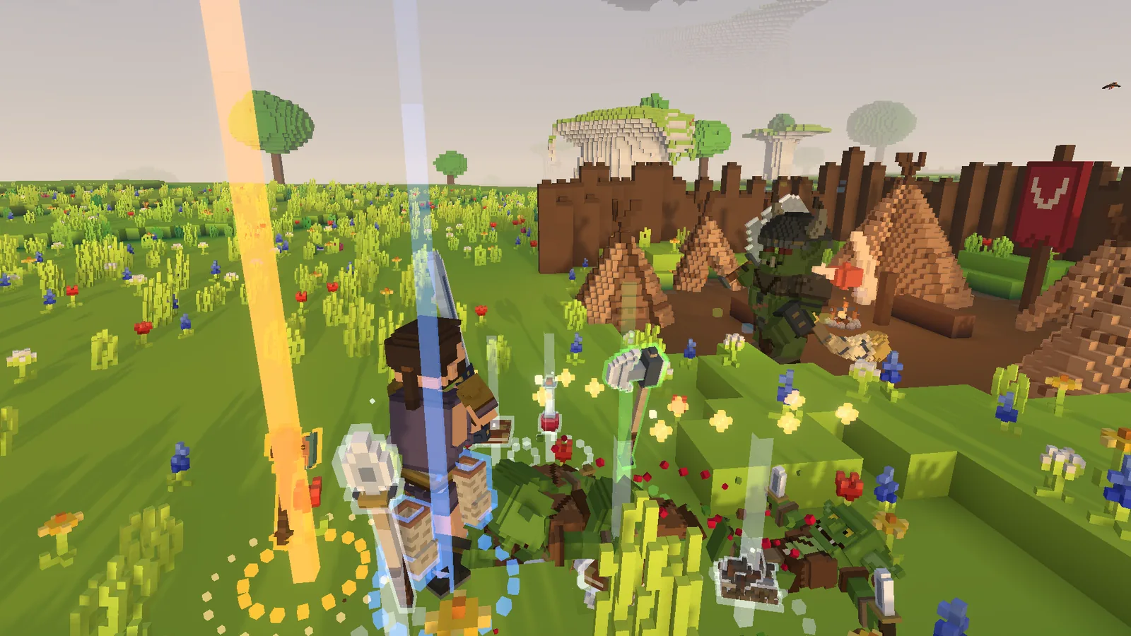 A warrior stands among fallen goblins outside their war camp, a gold beam rising from a legendary drop beside him and blue and green beams at his feet, while the goblin warchief still stands by the tents.