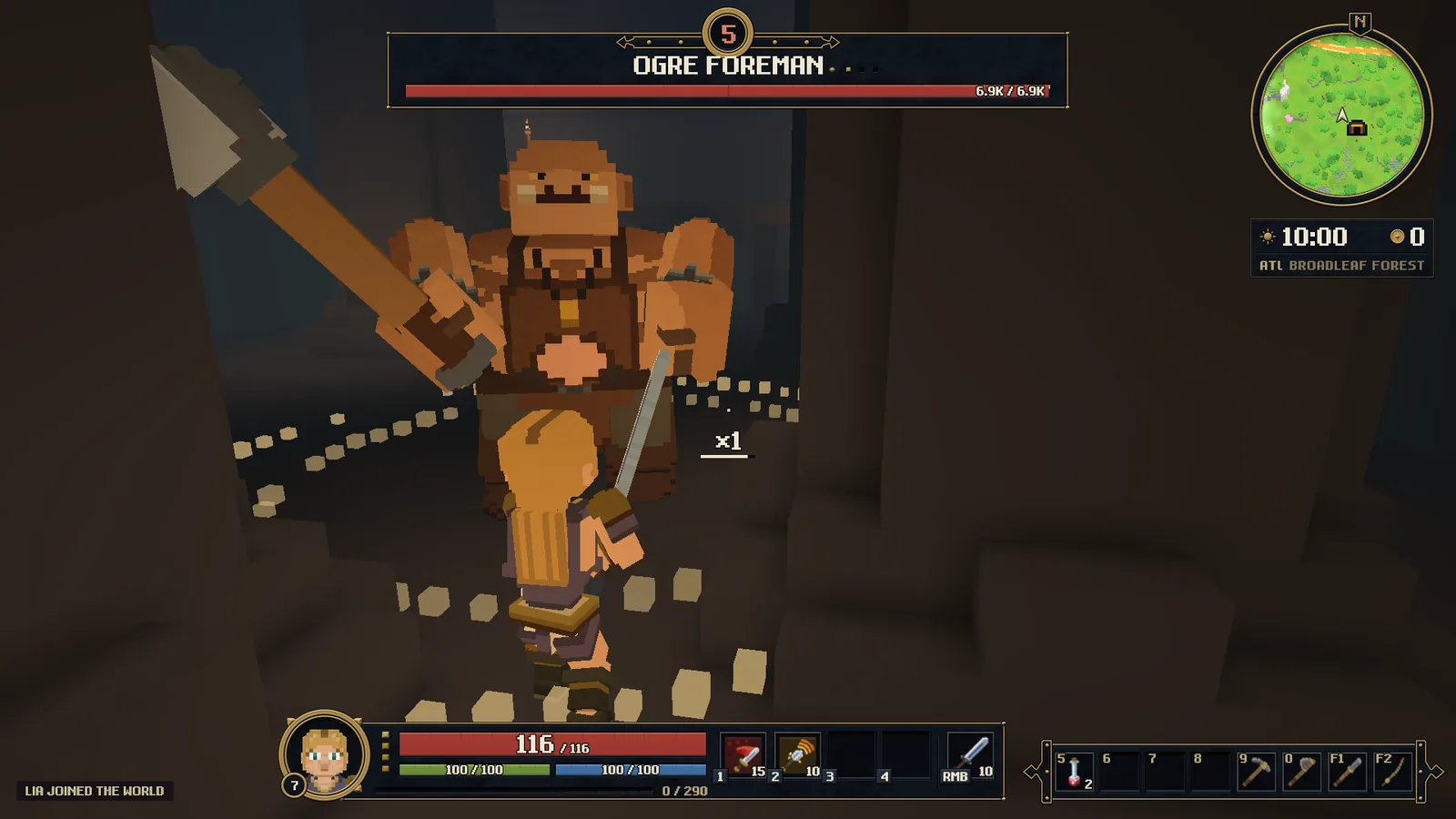 Inside an abandoned mine, the Ogre Foreman raises his hammer over a warrior, his boss bar across the top of the screen.