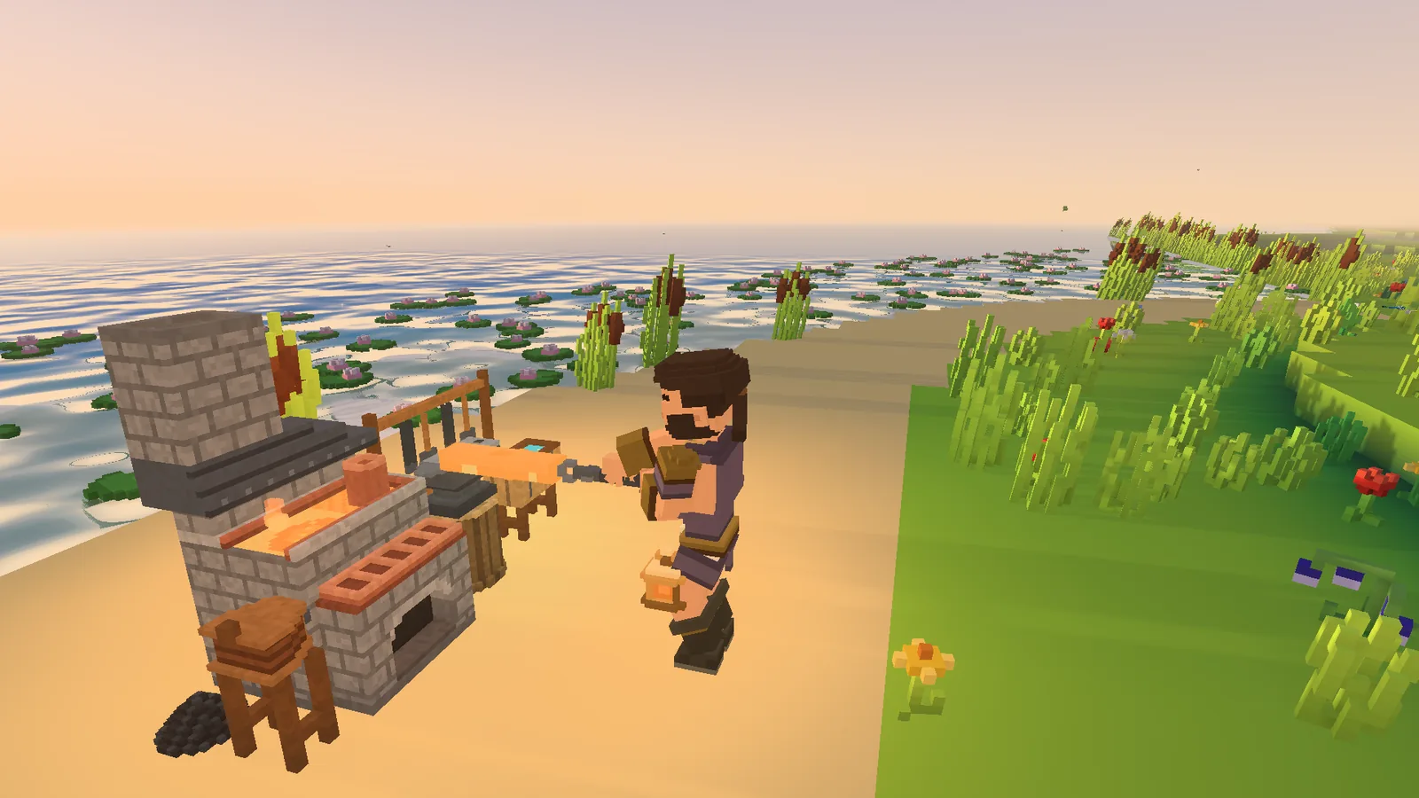 A copper sword coming out of the forge, glowing orange.