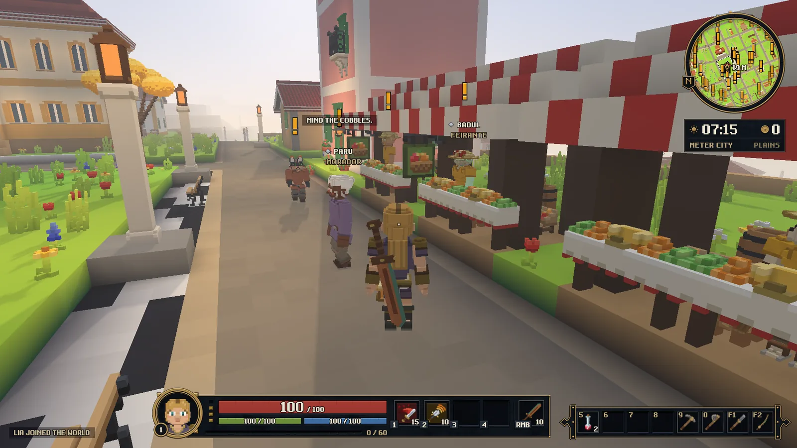 A market street in Meter City in the morning, with stalls of produce, townsfolk walking and gold ! marks over the vendors.