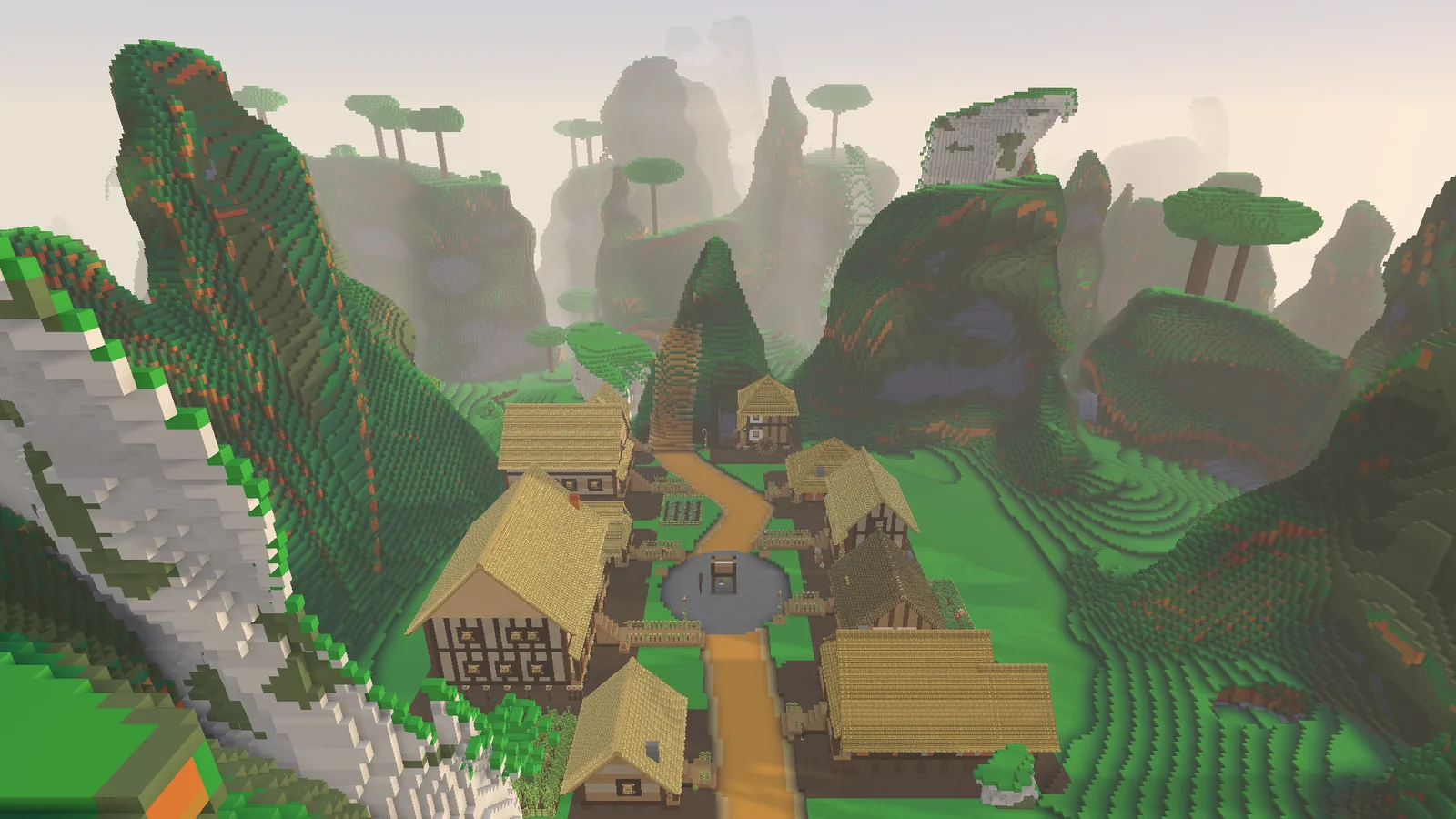 Steep green karst towers stand around a jungle village.