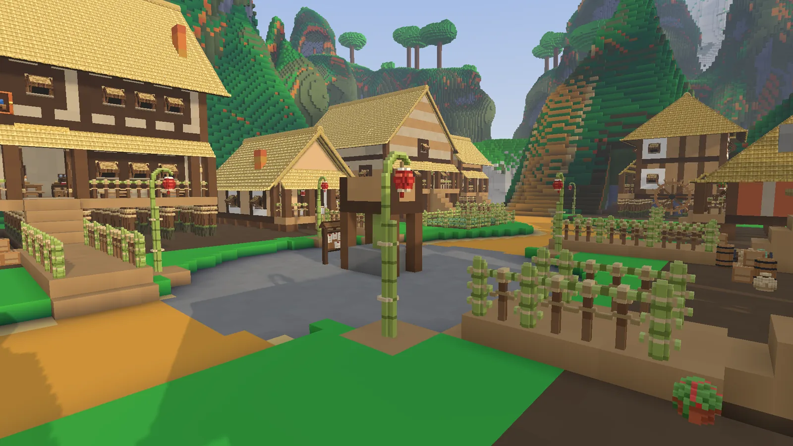 Wooden houses stand on stilts in a wetland village.