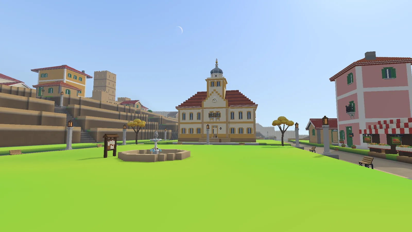 A city praça has a lawn, a fountain and the town hall.