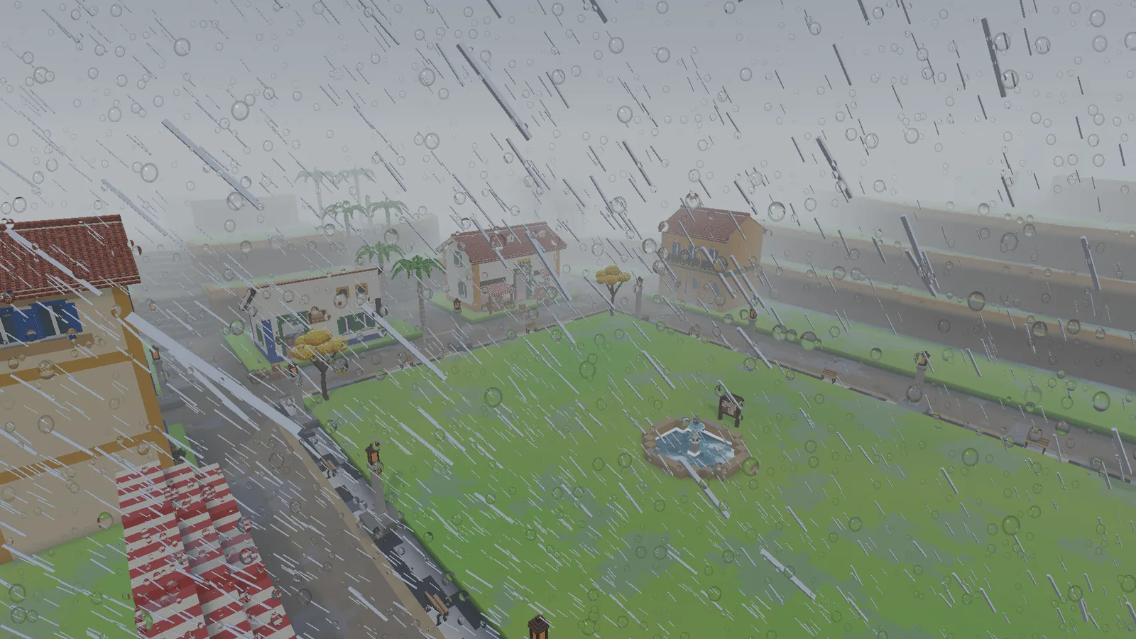 Rain sweeps over a town square in a thunderstorm.