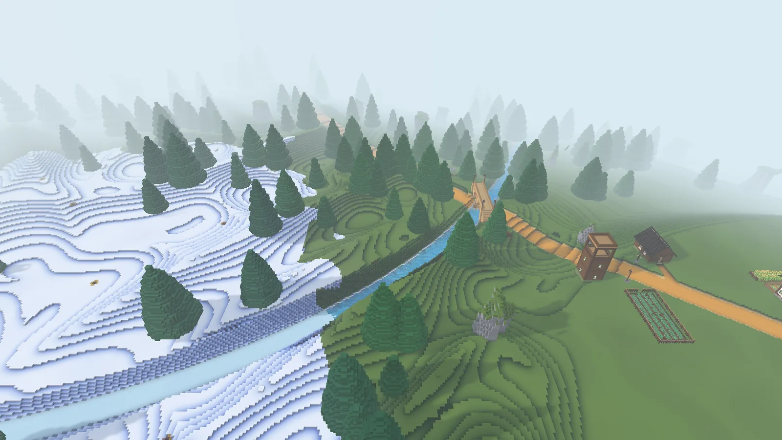 Snowfields and pines line a river, with a village on the far bank.