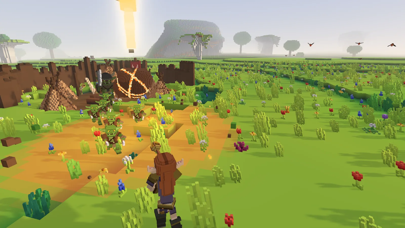 An elf mage points her staff as a burning meteor falls on a goblin war camp in an open meadow, the ground under the goblins glowing orange.