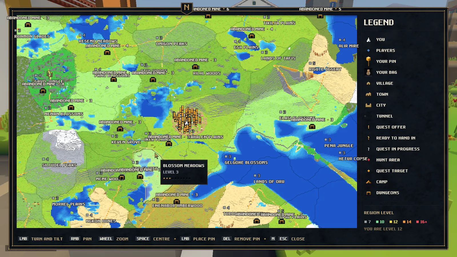 The game's map around Meter City: every region already drawn with its name and level, the legend on the right and a region's level showing under the cursor.